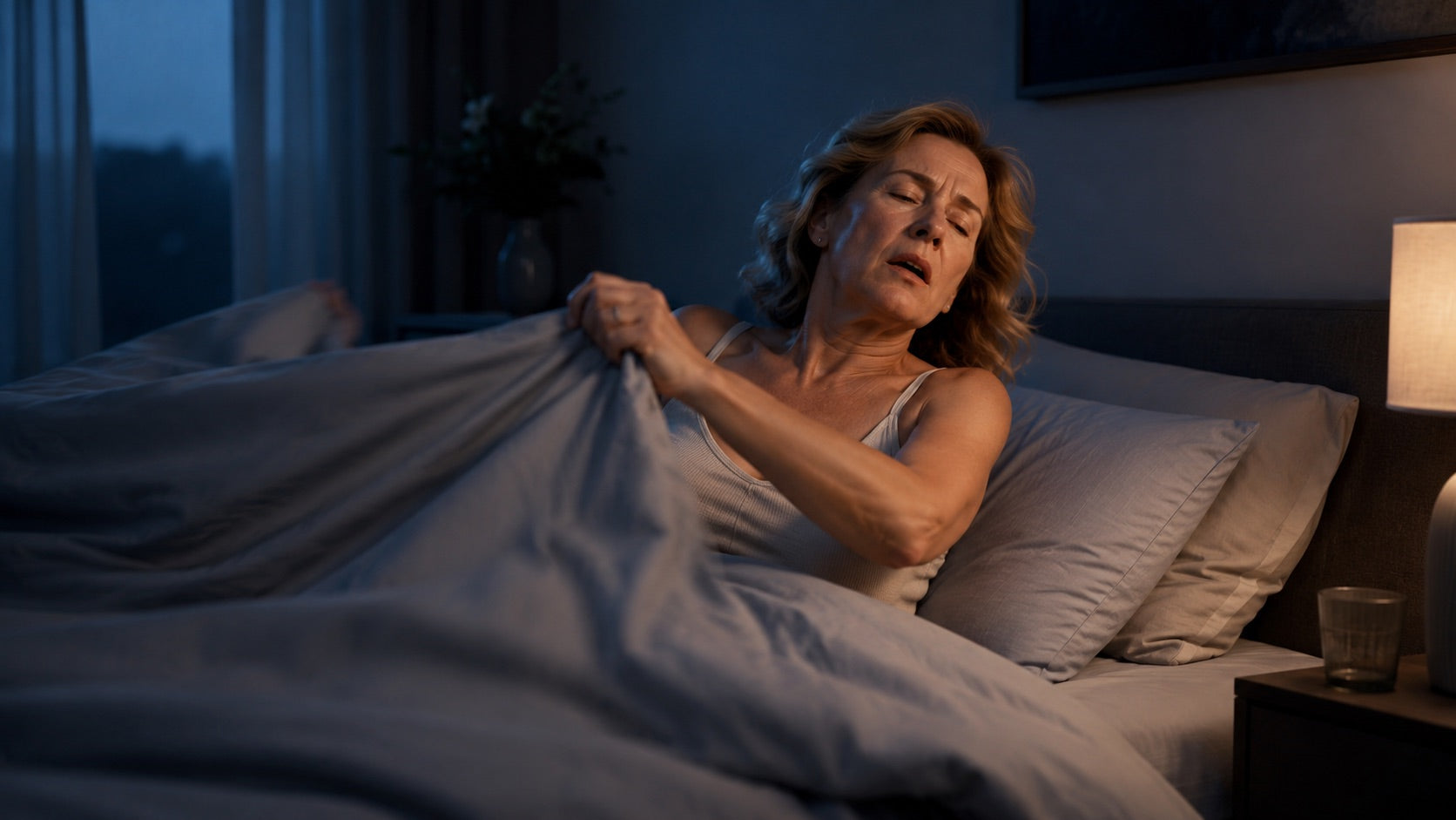 Frau schiebt beim Aufwachen die Decke weg